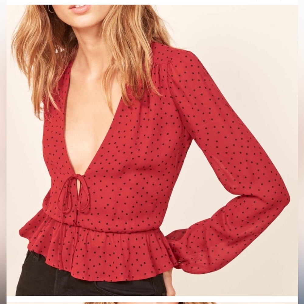 REFORMATION Nikki Red Black Polka Dot top